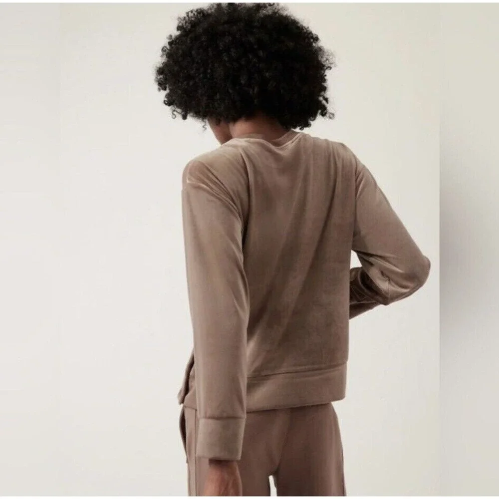 Athleta Retroplush Velvet Sweatshirt Brown XS Snap Side Oversized Pullover